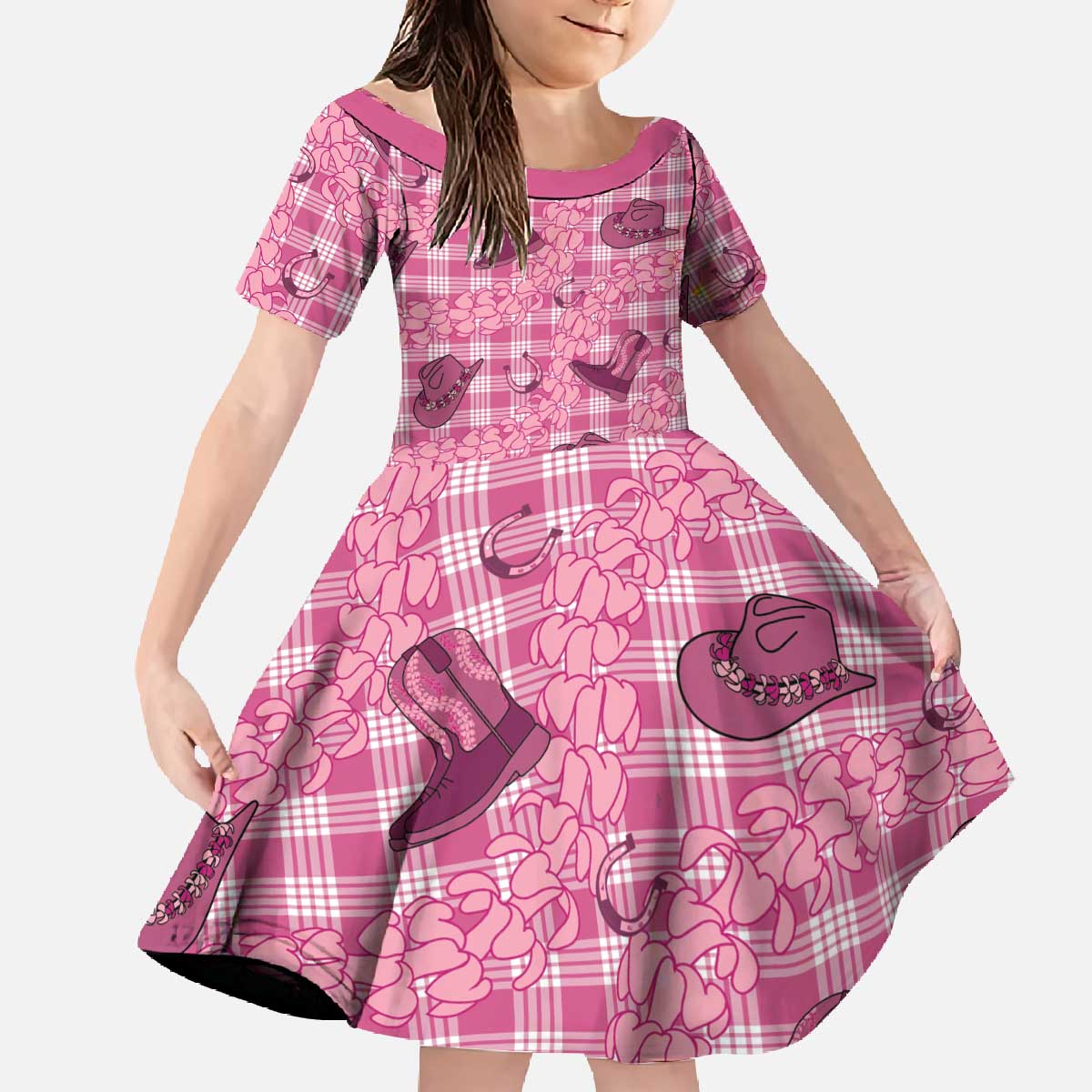 Pink Palaka Hawaii Cowboy Family Matching Off The Shoulder Long Sleeve Dress and Hawaiian Shirt Puakenikeni Lei Paniolo Papale Seamless Vibes - Polynesian Pride