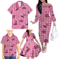 Pink Palaka Hawaii Cowboy Family Matching Off The Shoulder Long Sleeve Dress and Hawaiian Shirt Puakenikeni Lei Paniolo Papale Seamless Vibes - Polynesian Pride
