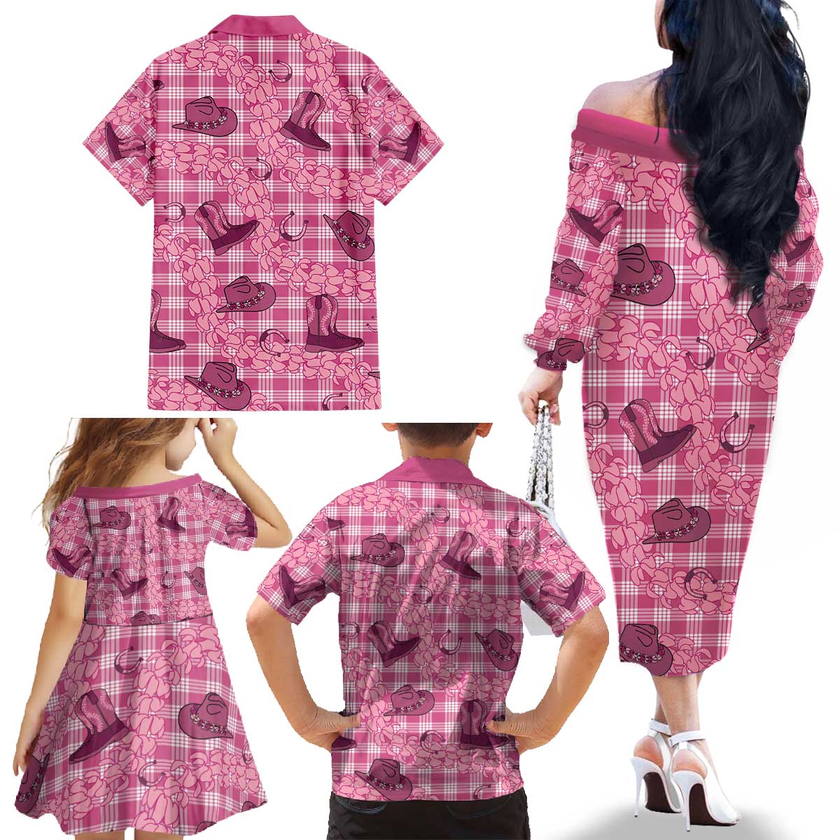 Pink Palaka Hawaii Cowboy Family Matching Off The Shoulder Long Sleeve Dress and Hawaiian Shirt Puakenikeni Lei Paniolo Papale Seamless Vibes - Polynesian Pride