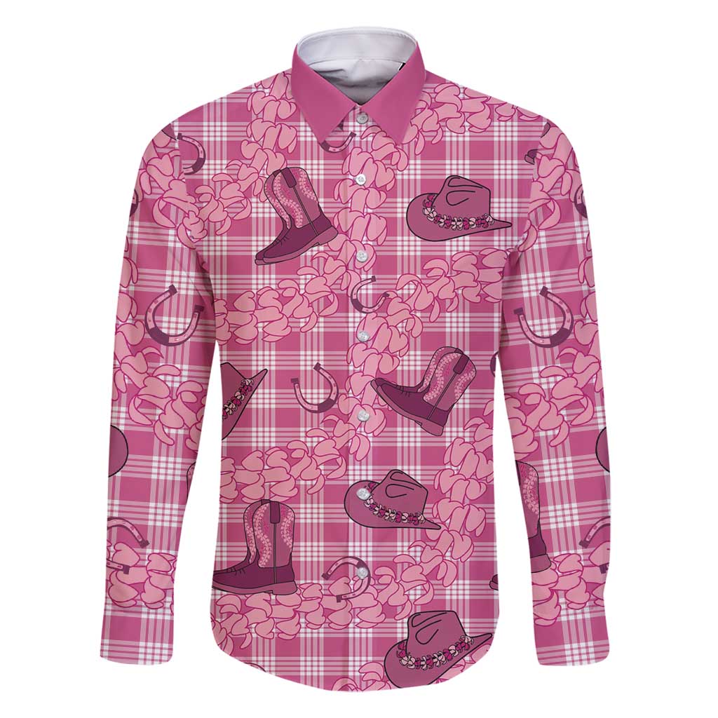 Pink Palaka Hawaii Cowboy Family Matching Off Shoulder Maxi Dress and Hawaiian Shirt Puakenikeni Lei Paniolo Papale Seamless Vibes - Polynesian Pride