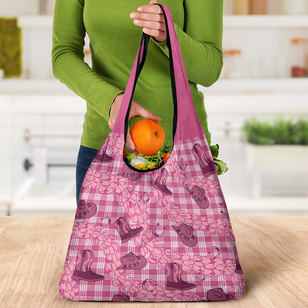 Pink Palaka Hawaii Cowboy Grocery Bag Puakenikeni Lei Paniolo Papale Seamless Vibes - Polynesian Pride