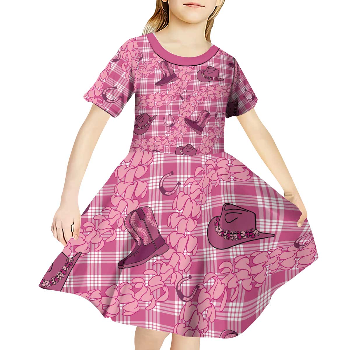 Pink Palaka Hawaii Cowboy Kid Short Sleeve Dress Puakenikeni Lei Paniolo Papale Seamless Vibes - Polynesian Pride