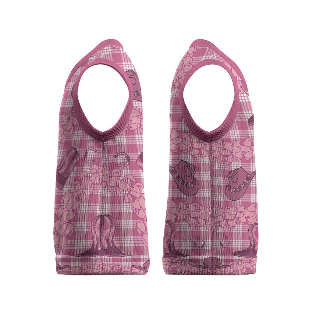 Pink Palaka Hawaii Cowboy Christmas Knitted V-Neck Vest Puakenikeni Lei Paniolo Papale Seamless Vibes - Polynesian Pride