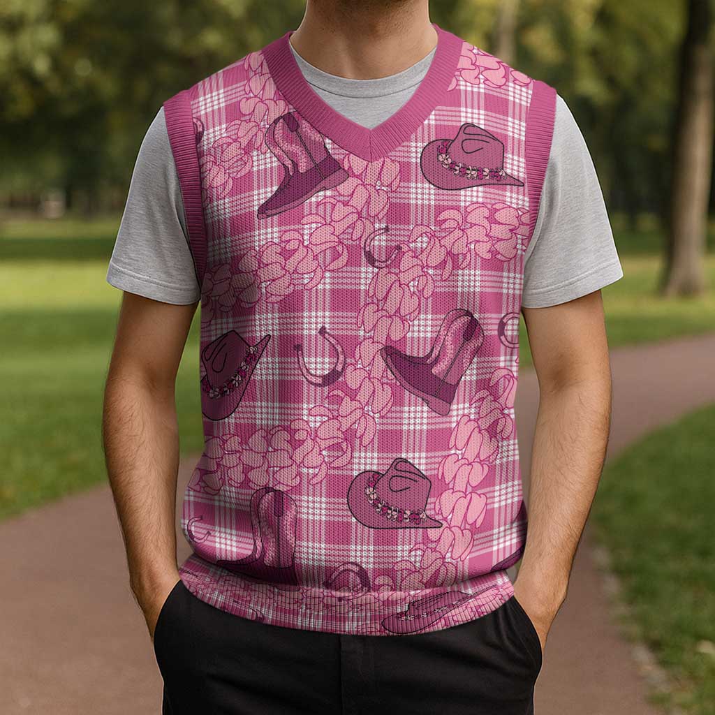 Pink Palaka Hawaii Cowboy Christmas Knitted V-Neck Vest Puakenikeni Lei Paniolo Papale Seamless Vibes - Polynesian Pride