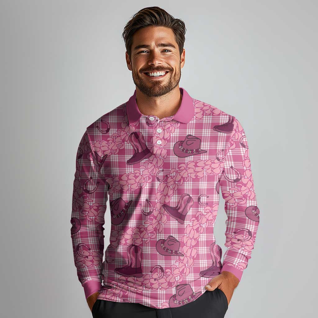 Pink Palaka Hawaii Cowboy Long Sleeve Polo Shirt Puakenikeni Lei Paniolo Papale Seamless Vibes - Polynesian Pride
