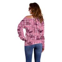 Pink Palaka Hawaii Cowboy Off Shoulder Sweater Puakenikeni Lei Paniolo Papale Seamless Vibes - Polynesian Pride