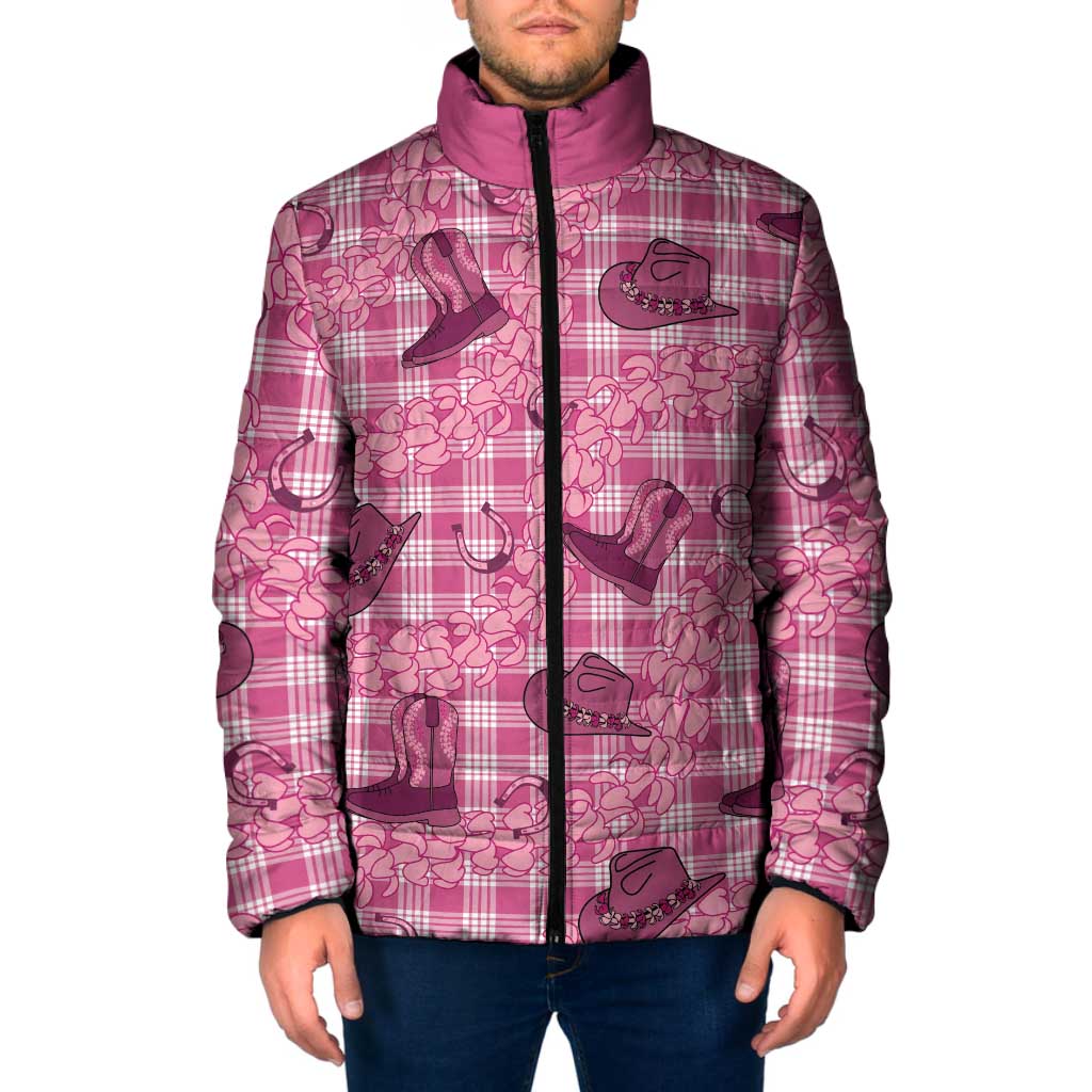 Pink Palaka Hawaii Cowboy Padded Jacket Puakenikeni Lei Paniolo Papale Seamless Vibes - Polynesian Pride
