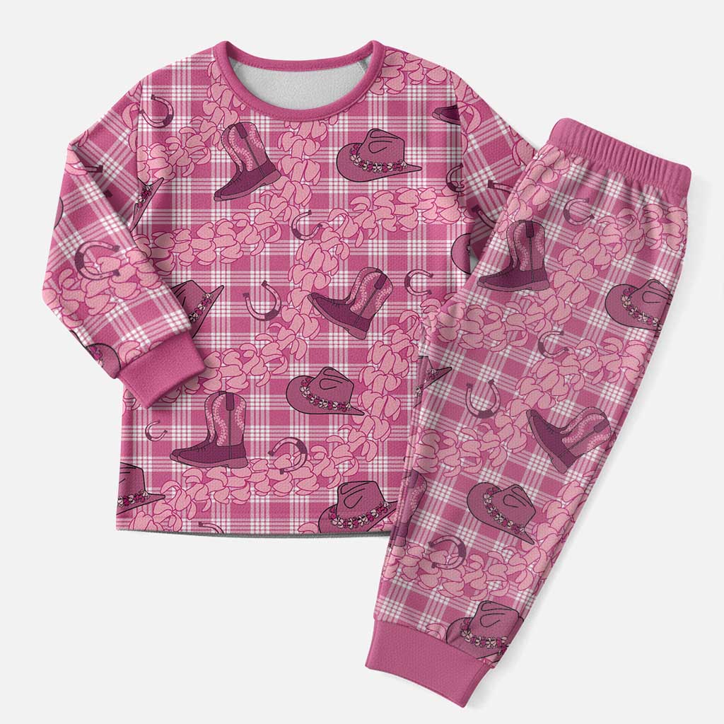 Pink Palaka Hawaii Cowboy Christmas Pajama Set Puakenikeni Lei Paniolo Papale Seamless Vibes - Polynesian Pride