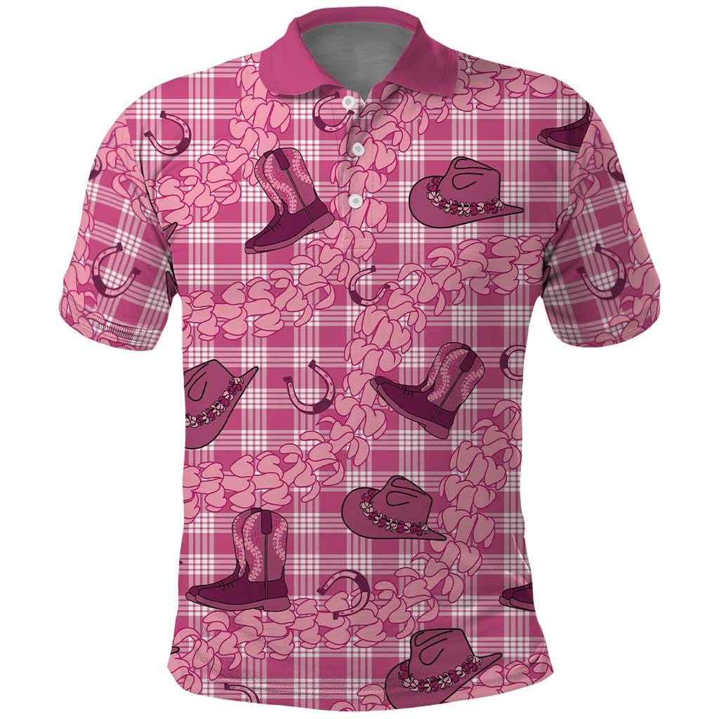 Pink Palaka Hawaii Cowboy Polo Shirt Puakenikeni Lei Paniolo Papale Seamless Vibes - Polynesian Pride