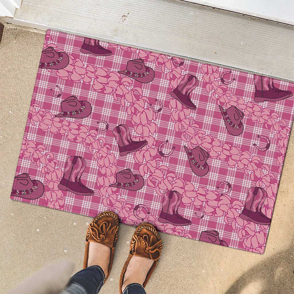 Pink Palaka Hawaii Cowboy Rubber Doormat Puakenikeni Lei Paniolo Papale Seamless Vibes - Polynesian Pride