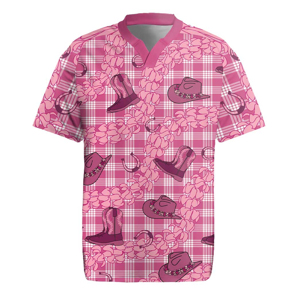 Pink Palaka Hawaii Cowboy Rugby Jersey Puakenikeni Lei Paniolo Papale Seamless Vibes - Polynesian Pride