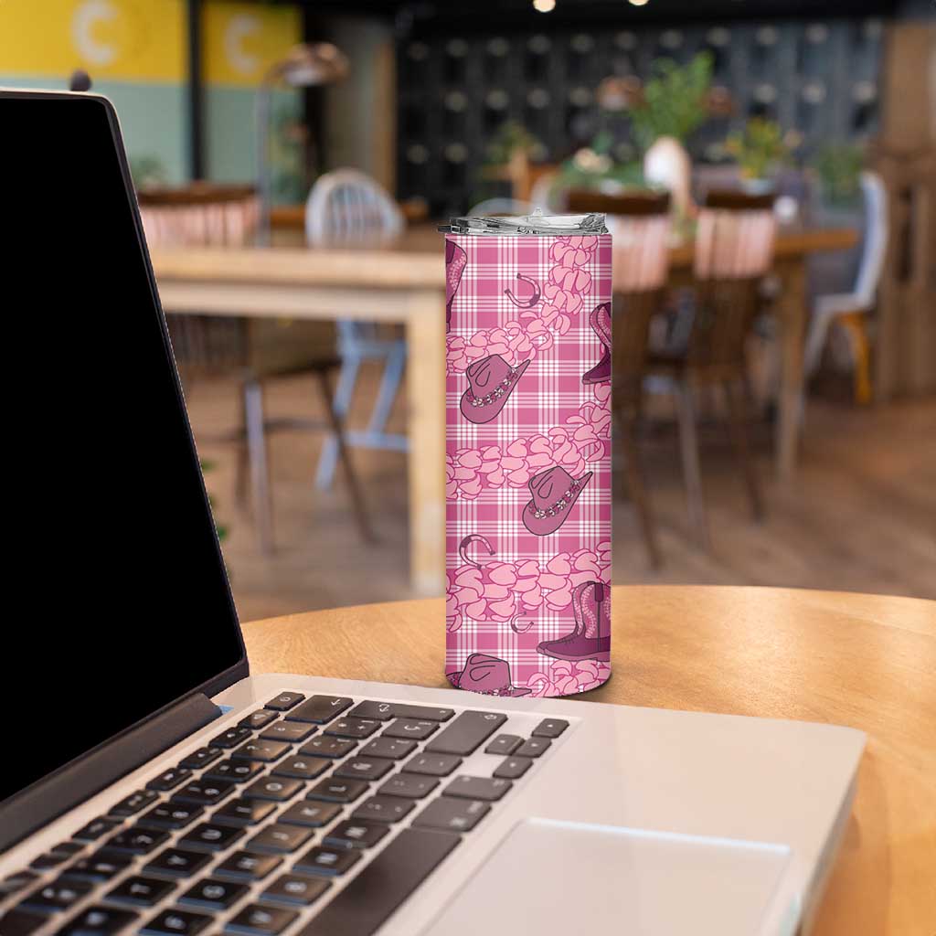 Pink Palaka Hawaii Cowboy Skinny Tumbler Puakenikeni Lei Paniolo Papale Seamless Vibes - Polynesian Pride
