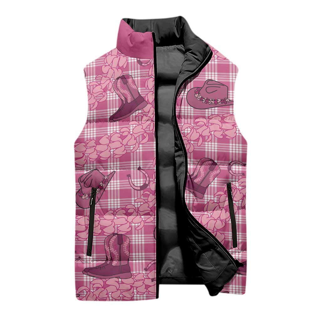 Pink Palaka Hawaii Cowboy Sleeveless Puffer Jacket Puakenikeni Lei Paniolo Papale Seamless Vibes - Polynesian Pride