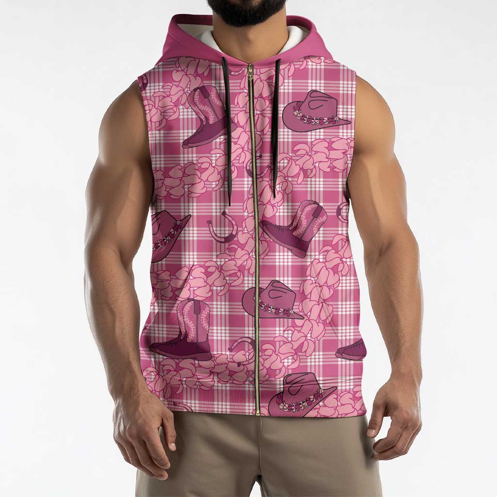 Pink Palaka Hawaii Cowboy Sleeveless Zip Hoodie Puakenikeni Lei Paniolo Papale Seamless Vibes - Polynesian Pride