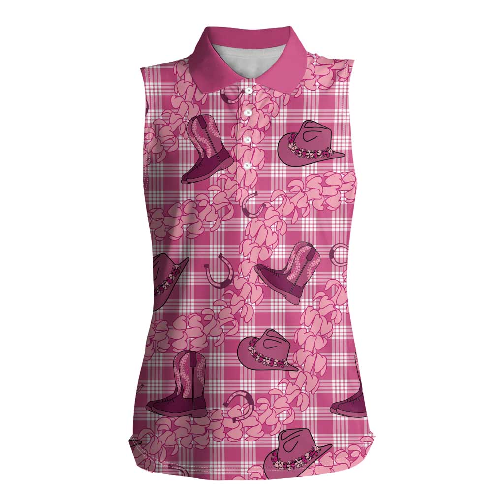Pink Palaka Hawaii Cowboy Women Sleeveless Polo Shirt Puakenikeni Lei Paniolo Papale Seamless Vibes - Polynesian Pride