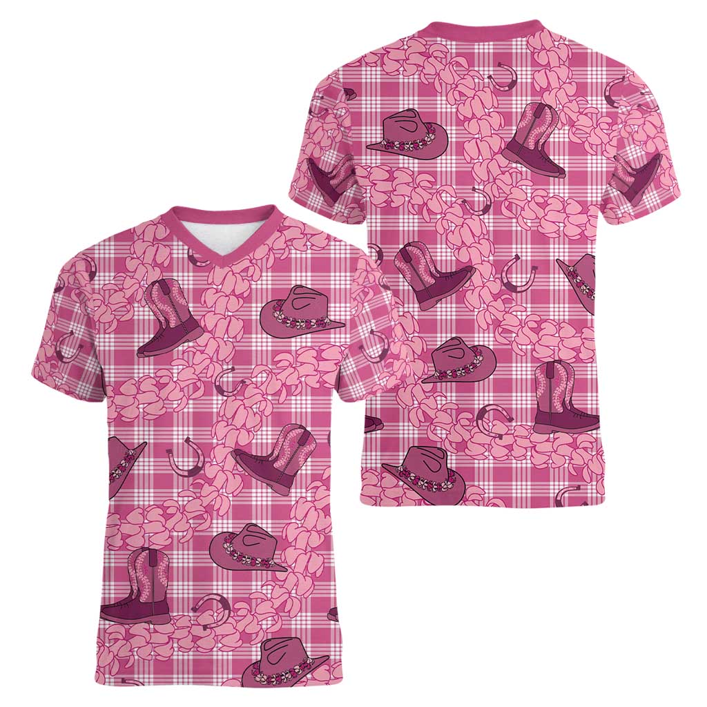 Pink Palaka Hawaii Cowboy Women V-Neck T-Shirt Puakenikeni Lei Paniolo Papale Seamless Vibes - Polynesian Pride