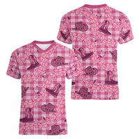 Pink Palaka Hawaii Cowboy Women V-Neck T-Shirt Puakenikeni Lei Paniolo Papale Seamless Vibes - Polynesian Pride