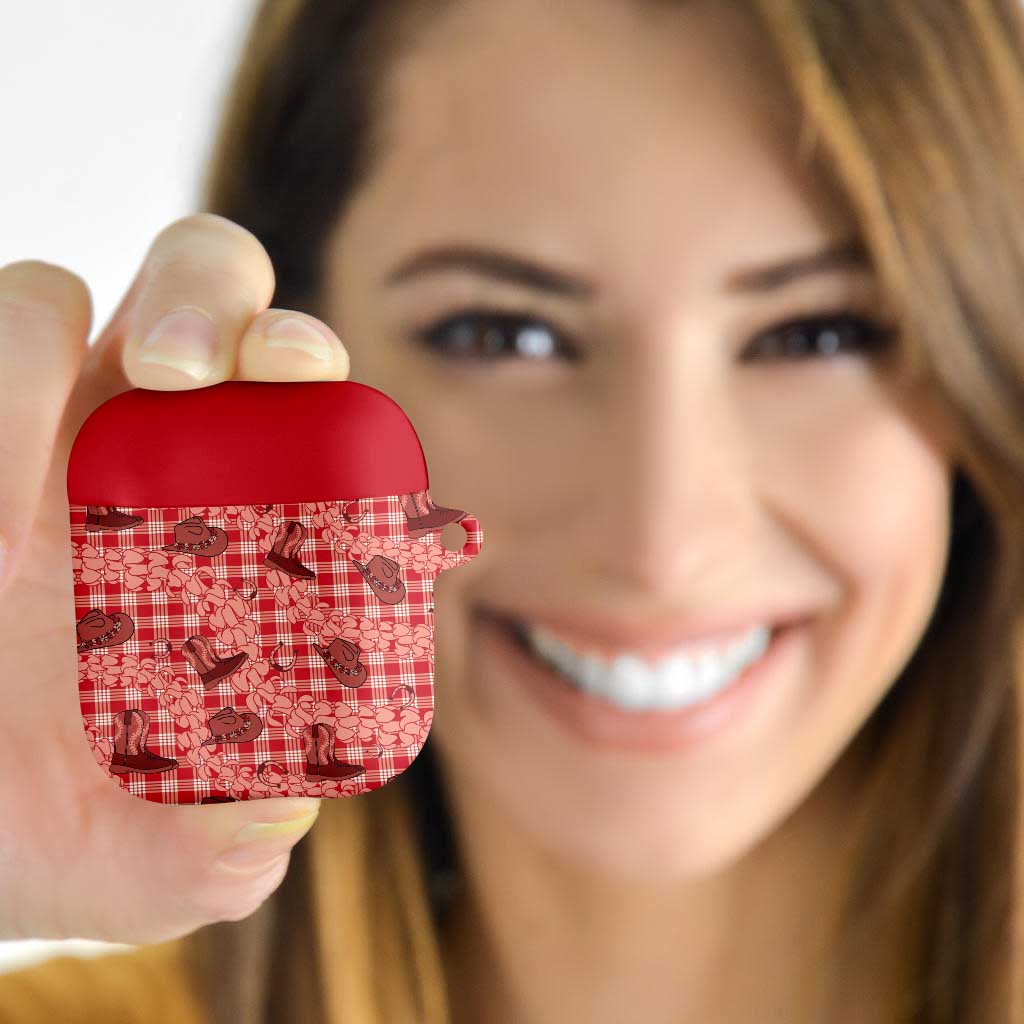 Red Palaka Hawaii Cowboy AirPods Case Puakenikeni Lei Paniolo Papale Seamless Vibes - Polynesian Pride
