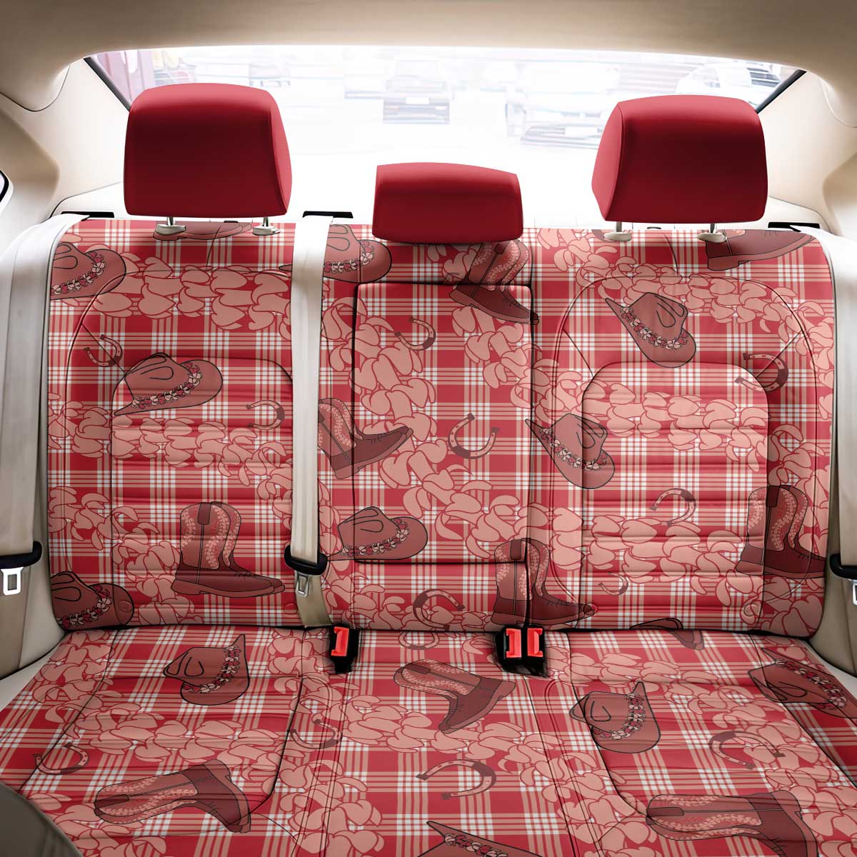 Red Palaka Hawaii Cowboy Back Car Seat Cover Puakenikeni Lei Paniolo Papale Seamless Vibes - Polynesian Pride