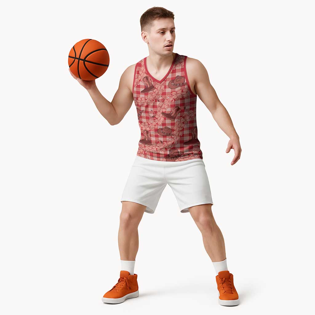 Red Palaka Hawaii Cowboy Basketball Jersey Puakenikeni Lei Paniolo Papale Seamless Vibes - Polynesian Pride