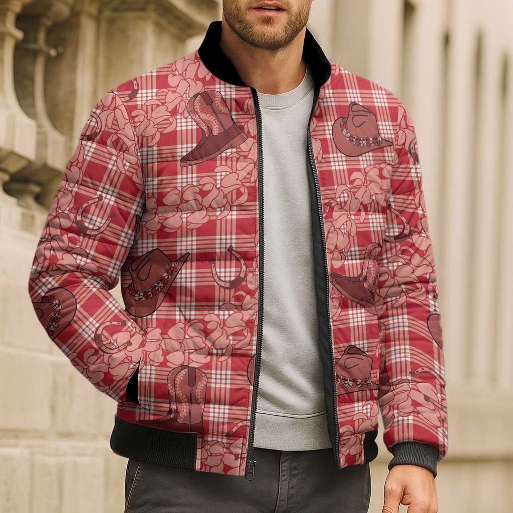 Red Palaka Hawaii Cowboy Bomber Puffer Jacket Puakenikeni Lei Paniolo Papale Seamless Vibes - Polynesian Pride