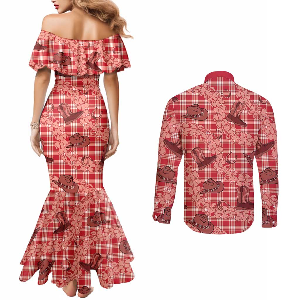Red Palaka Hawaii Cowboy Couples Matching Mermaid Dress and Long Sleeve Button Shirt Puakenikeni Lei Paniolo Papale Seamless Vibes - Polynesian Pride