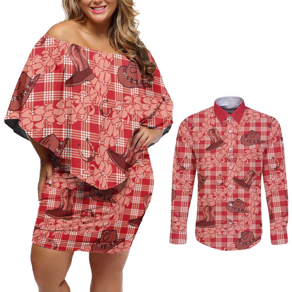 Red Palaka Hawaii Cowboy Couples Matching Off Shoulder Short Dress and Long Sleeve Button Shirt Puakenikeni Lei Paniolo Papale Seamless Vibes - Polynesian Pride