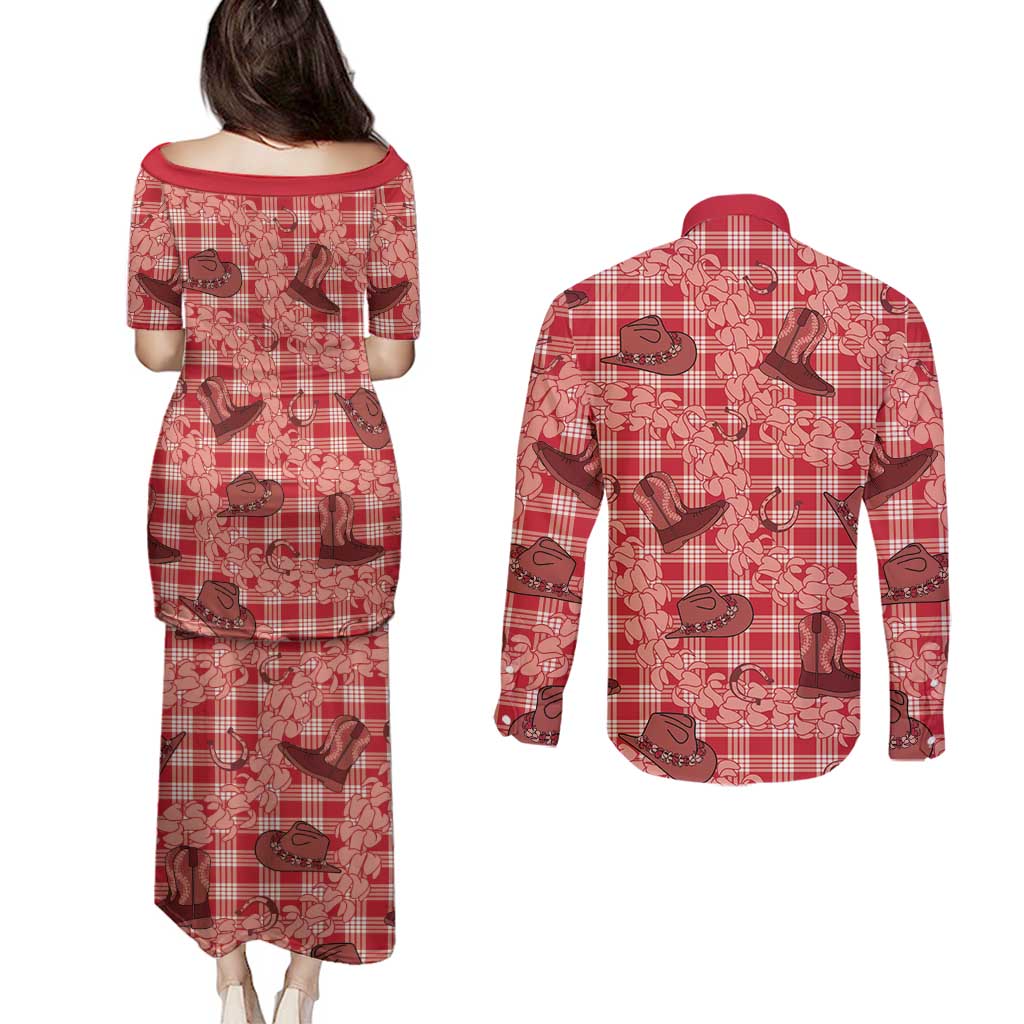 Red Palaka Hawaii Cowboy Couples Matching Puletasi and Long Sleeve Button Shirt Puakenikeni Lei Paniolo Papale Seamless Vibes - Polynesian Pride