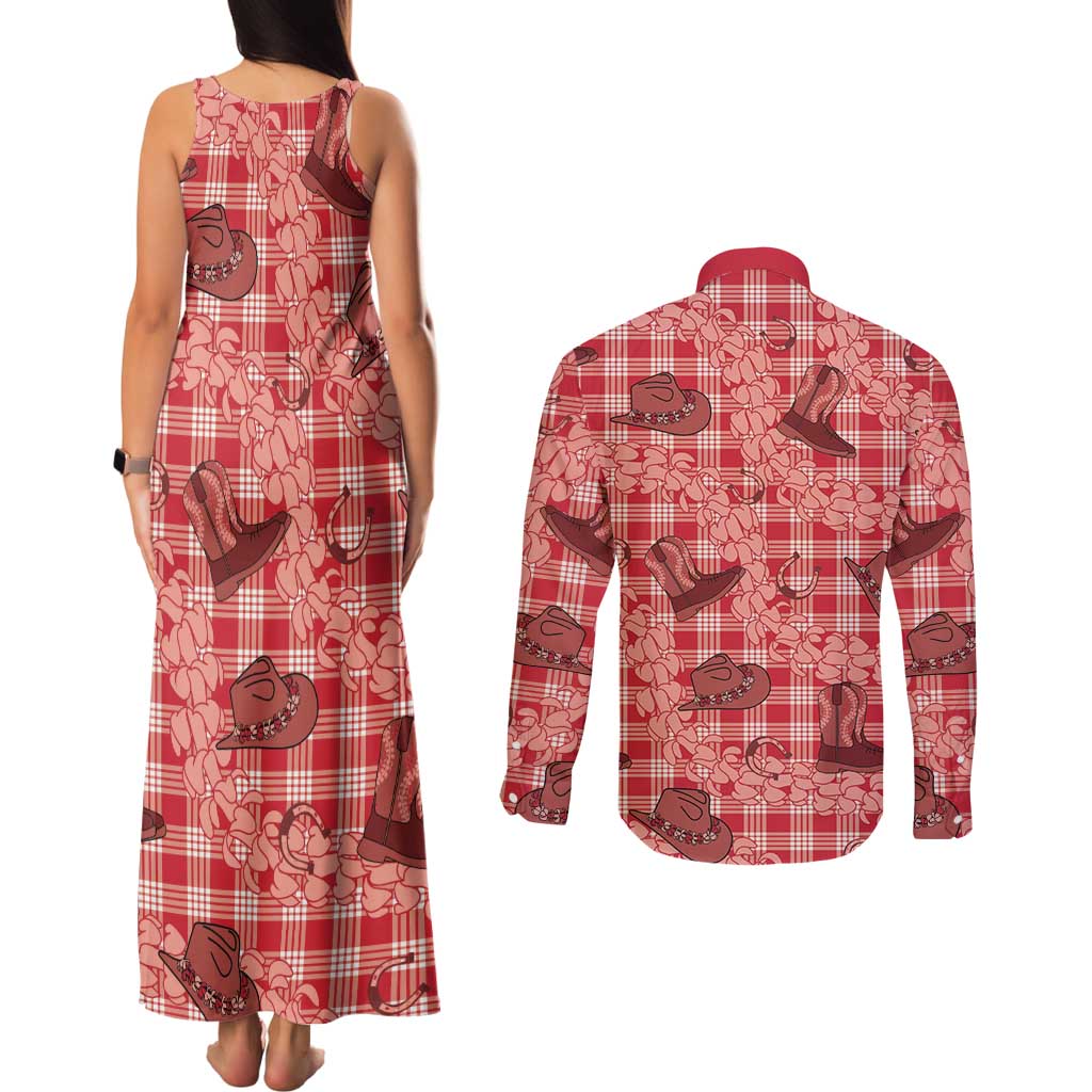 Red Palaka Hawaii Cowboy Couples Matching Tank Maxi Dress and Long Sleeve Button Shirt Puakenikeni Lei Paniolo Papale Seamless Vibes - Polynesian Pride