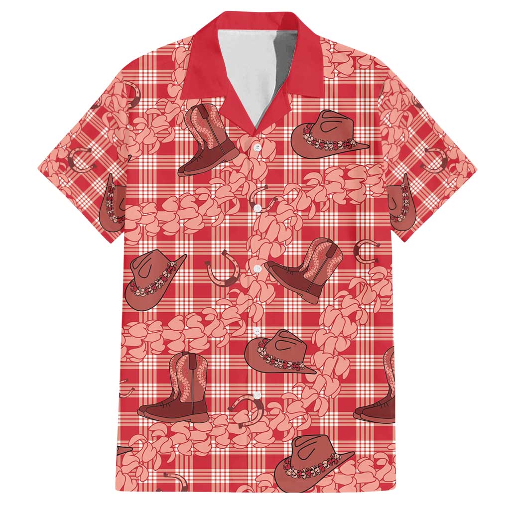 Red Palaka Hawaii Cowboy Family Matching Off Shoulder Short Dress and Hawaiian Shirt Puakenikeni Lei Paniolo Papale Seamless Vibes - Polynesian Pride