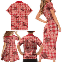 Red Palaka Hawaii Cowboy Family Matching Short Sleeve Bodycon Dress and Hawaiian Shirt Puakenikeni Lei Paniolo Papale Seamless Vibes - Polynesian Pride