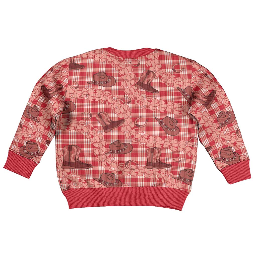 Red Palaka Hawaii Cowboy Kid Ugly Christmas Sweater Puakenikeni Lei Paniolo Papale Seamless Vibes - Polynesian Pride