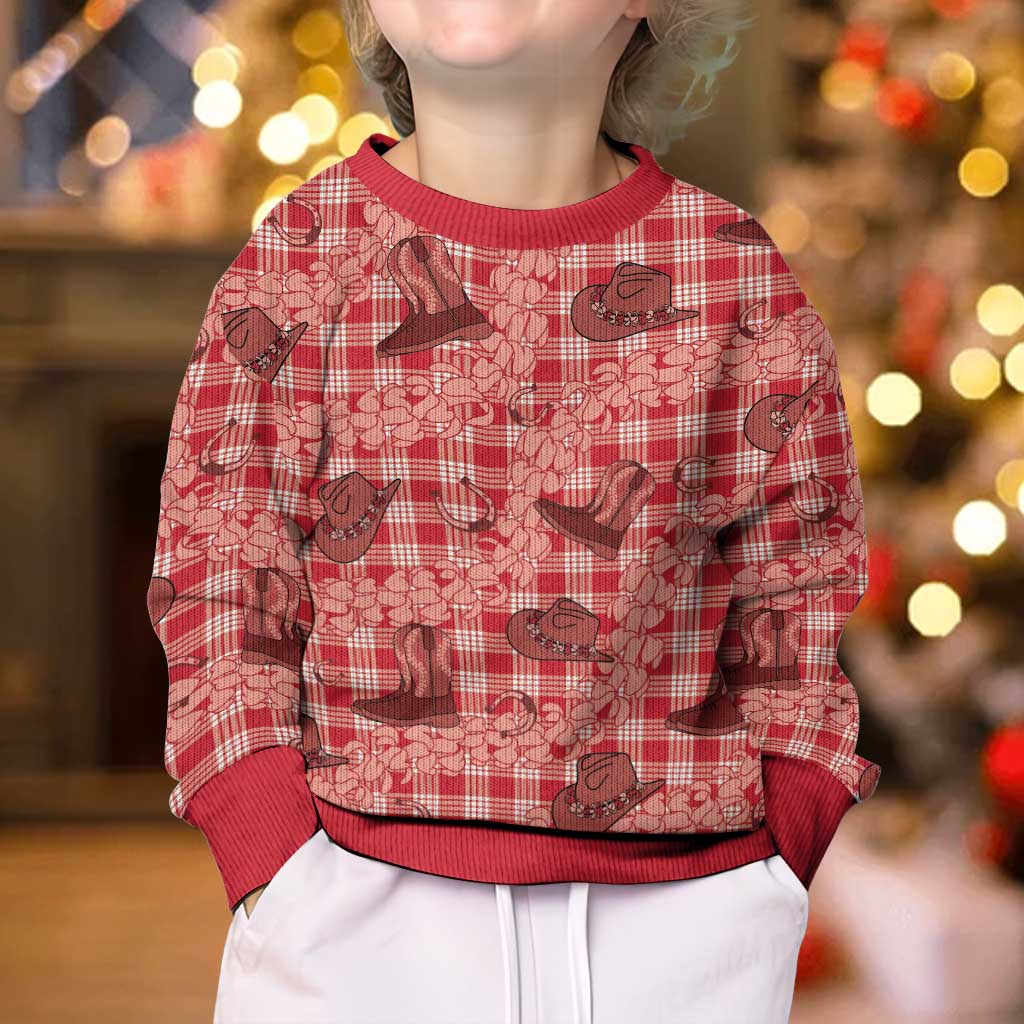 Red Palaka Hawaii Cowboy Kid Ugly Christmas Sweater Puakenikeni Lei Paniolo Papale Seamless Vibes - Polynesian Pride