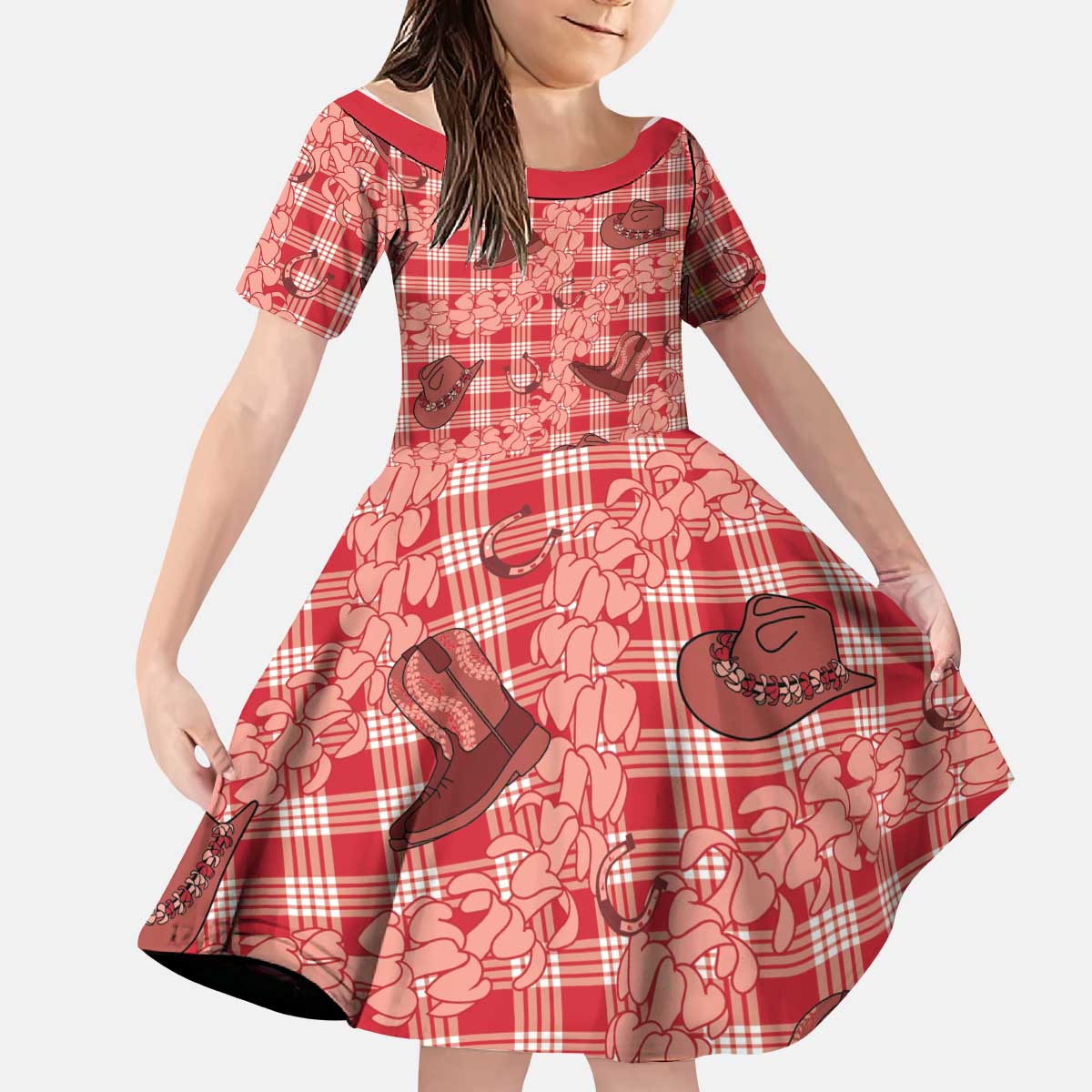 Red Palaka Hawaii Cowboy Kid Short Sleeve Dress Puakenikeni Lei Paniolo Papale Seamless Vibes - Polynesian Pride