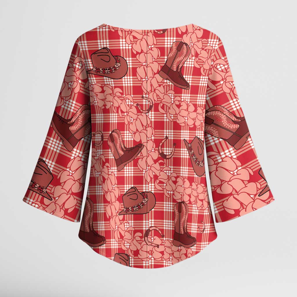 Red Palaka Hawaii Cowboy Kimono Sleeve Blouse Puakenikeni Lei Paniolo Papale Seamless Vibes - Polynesian Pride