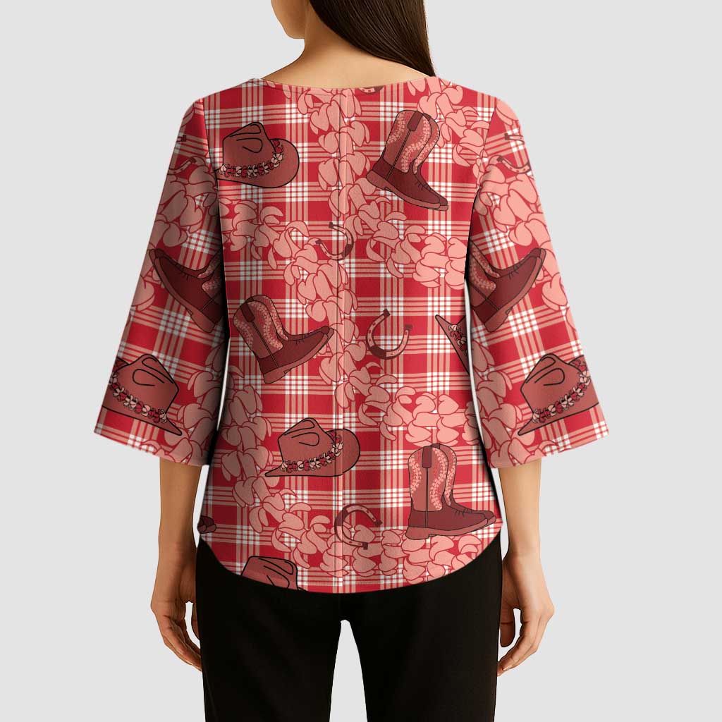 Red Palaka Hawaii Cowboy Kimono Sleeve Blouse Puakenikeni Lei Paniolo Papale Seamless Vibes - Polynesian Pride