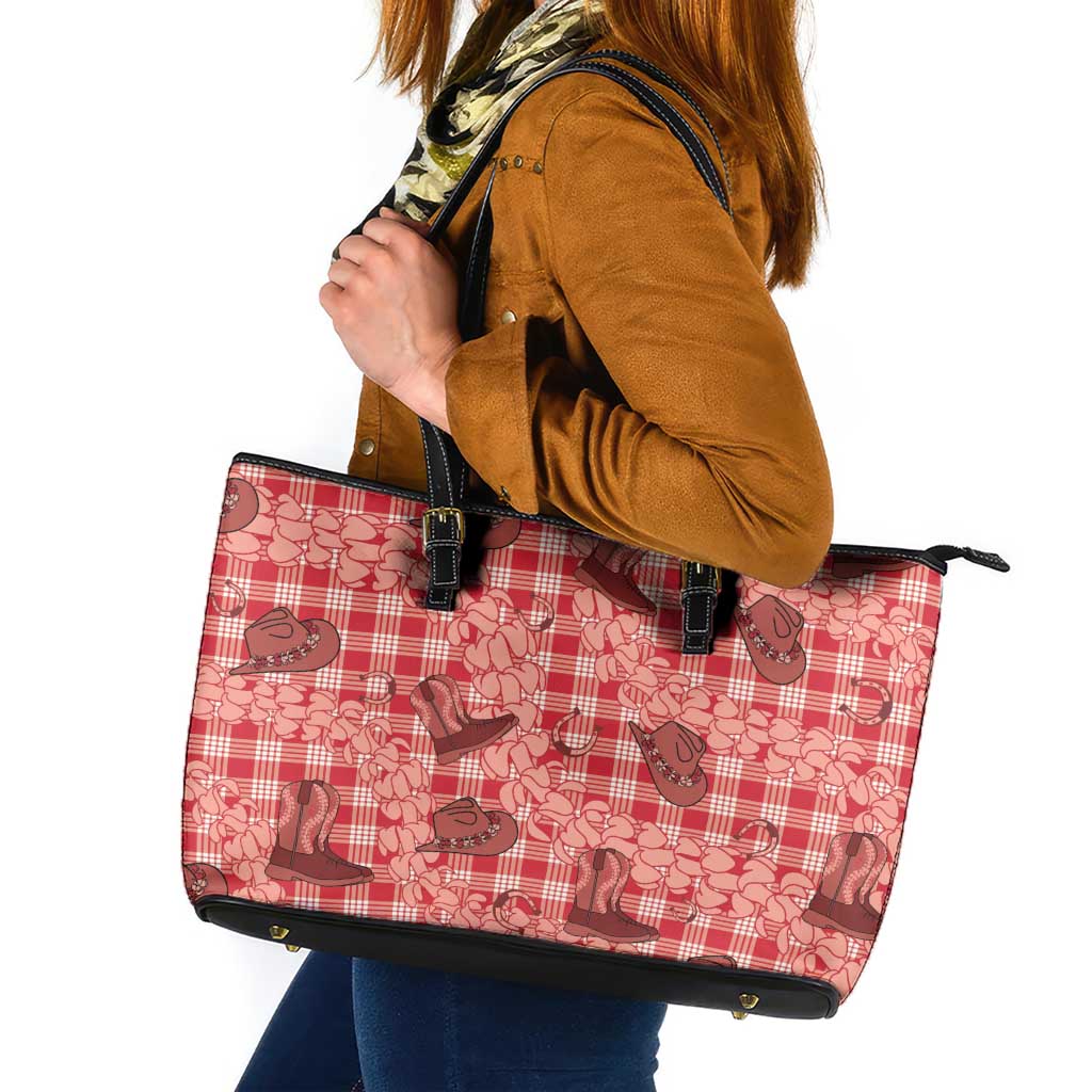 Red Palaka Hawaii Cowboy Leather Tote Bag Puakenikeni Lei Paniolo Papale Seamless Vibes - Polynesian Pride