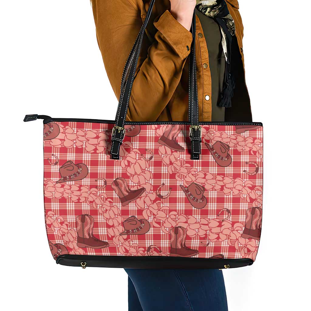 Red Palaka Hawaii Cowboy Leather Tote Bag Puakenikeni Lei Paniolo Papale Seamless Vibes - Polynesian Pride