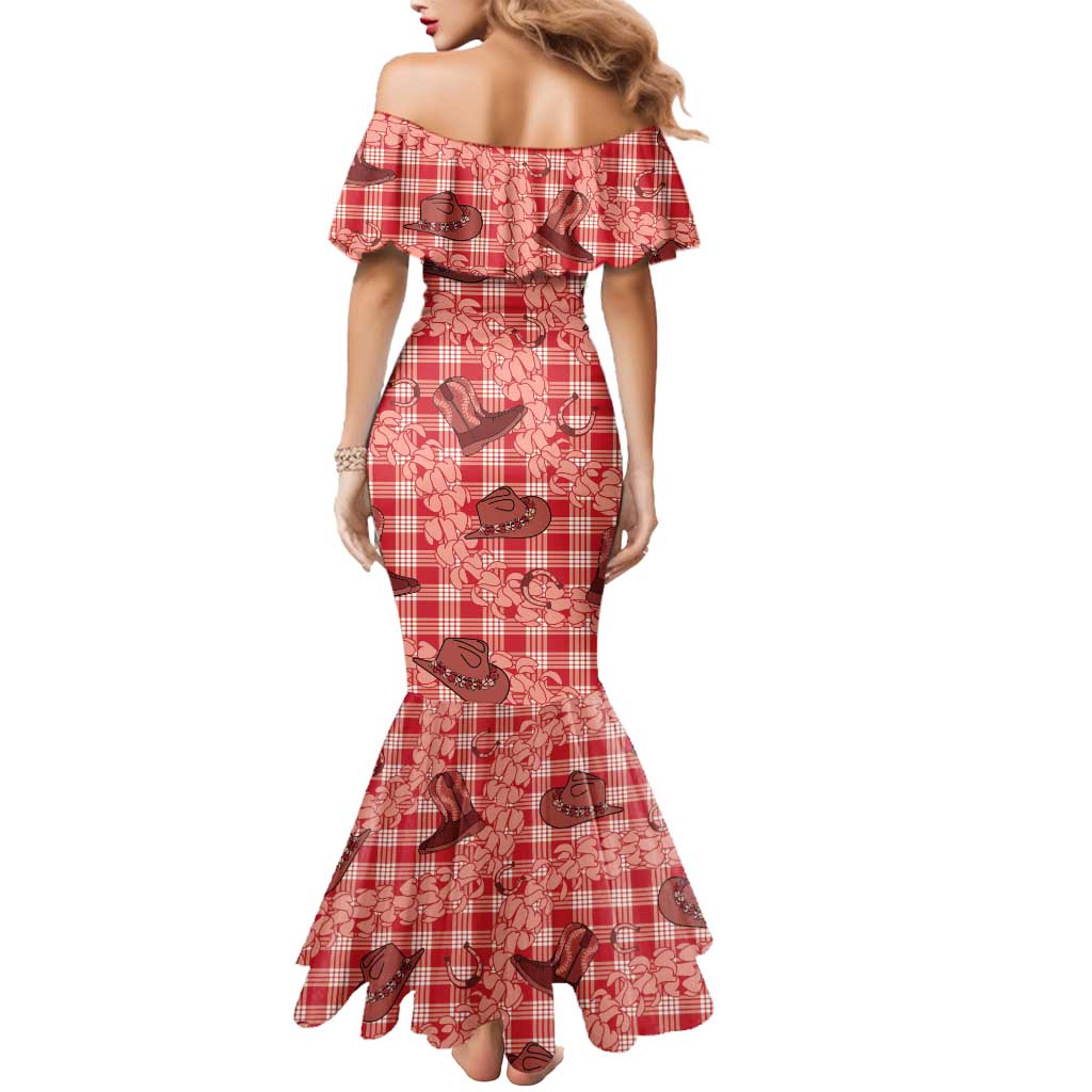 Red Palaka Hawaii Cowboy Mermaid Dress Puakenikeni Lei Paniolo Papale Seamless Vibes - Polynesian Pride