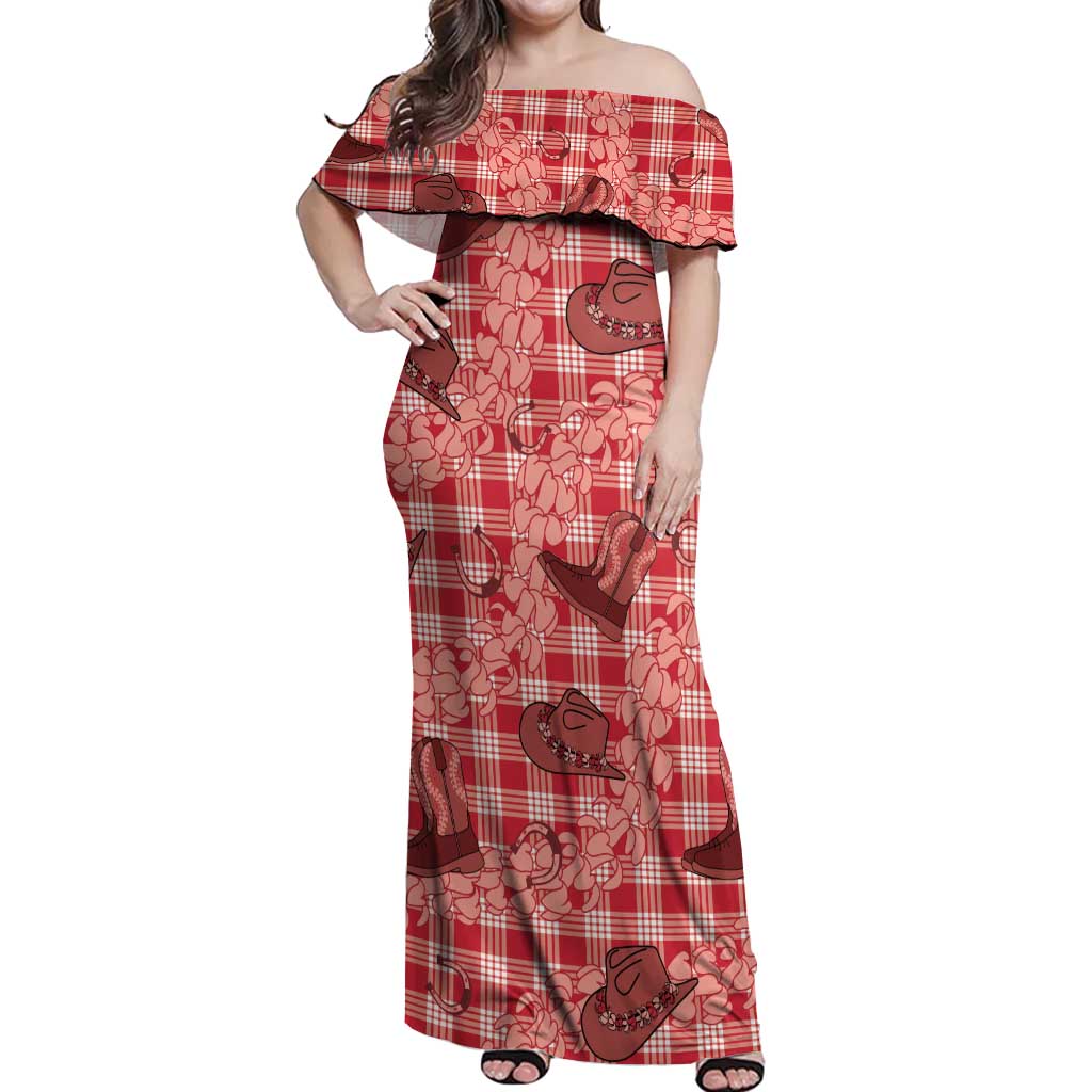 Red Palaka Hawaii Cowboy Off Shoulder Maxi Dress Puakenikeni Lei Paniolo Papale Seamless Vibes - Polynesian Pride