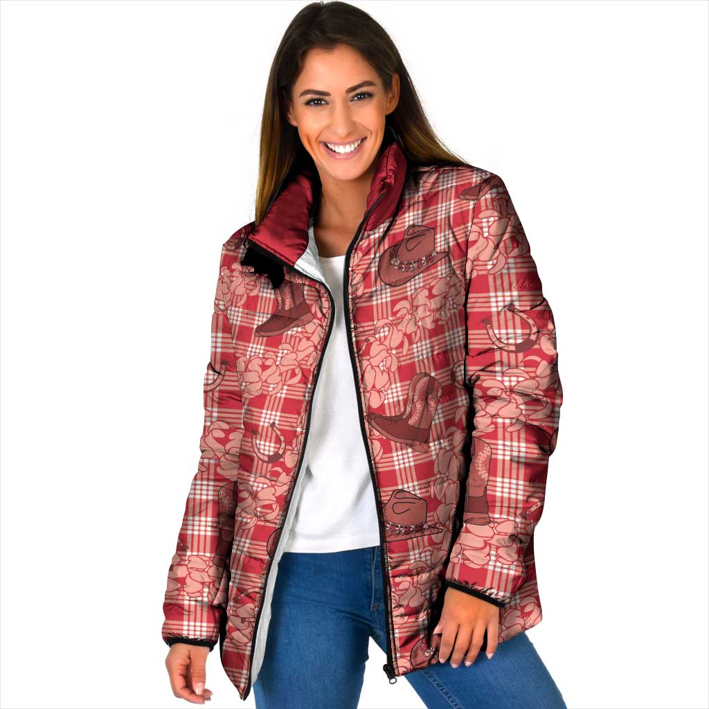 Red Palaka Hawaii Cowboy Padded Jacket Puakenikeni Lei Paniolo Papale Seamless Vibes LT14 Women Red - Polynesian Pride