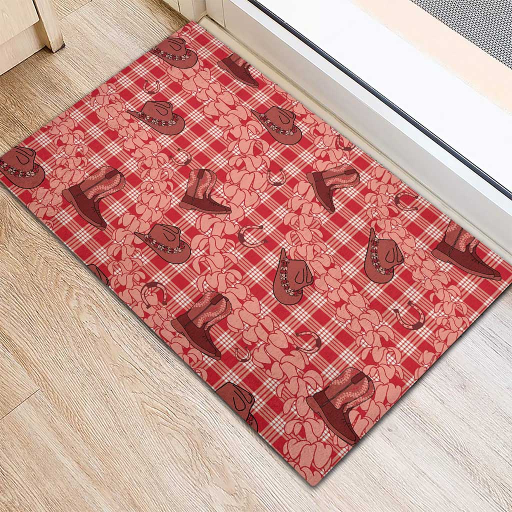 Red Palaka Hawaii Cowboy Rubber Doormat Puakenikeni Lei Paniolo Papale Seamless Vibes - Polynesian Pride