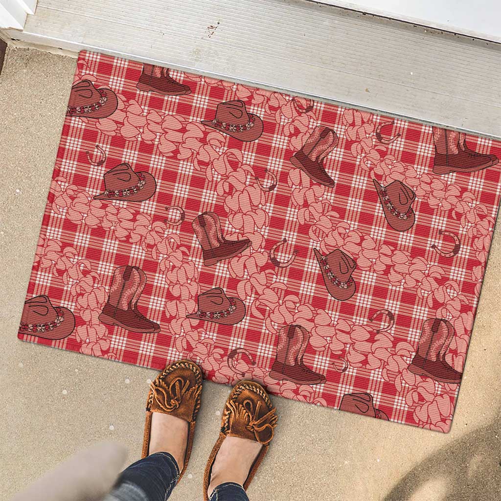 Red Palaka Hawaii Cowboy Rubber Doormat Puakenikeni Lei Paniolo Papale Seamless Vibes - Polynesian Pride