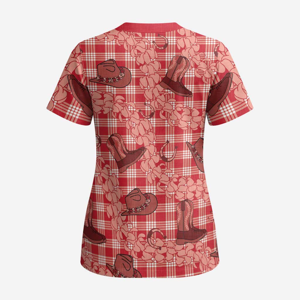Red Palaka Hawaii Cowboy Scrub Top Puakenikeni Lei Paniolo Papale Seamless Vibes - Polynesian Pride