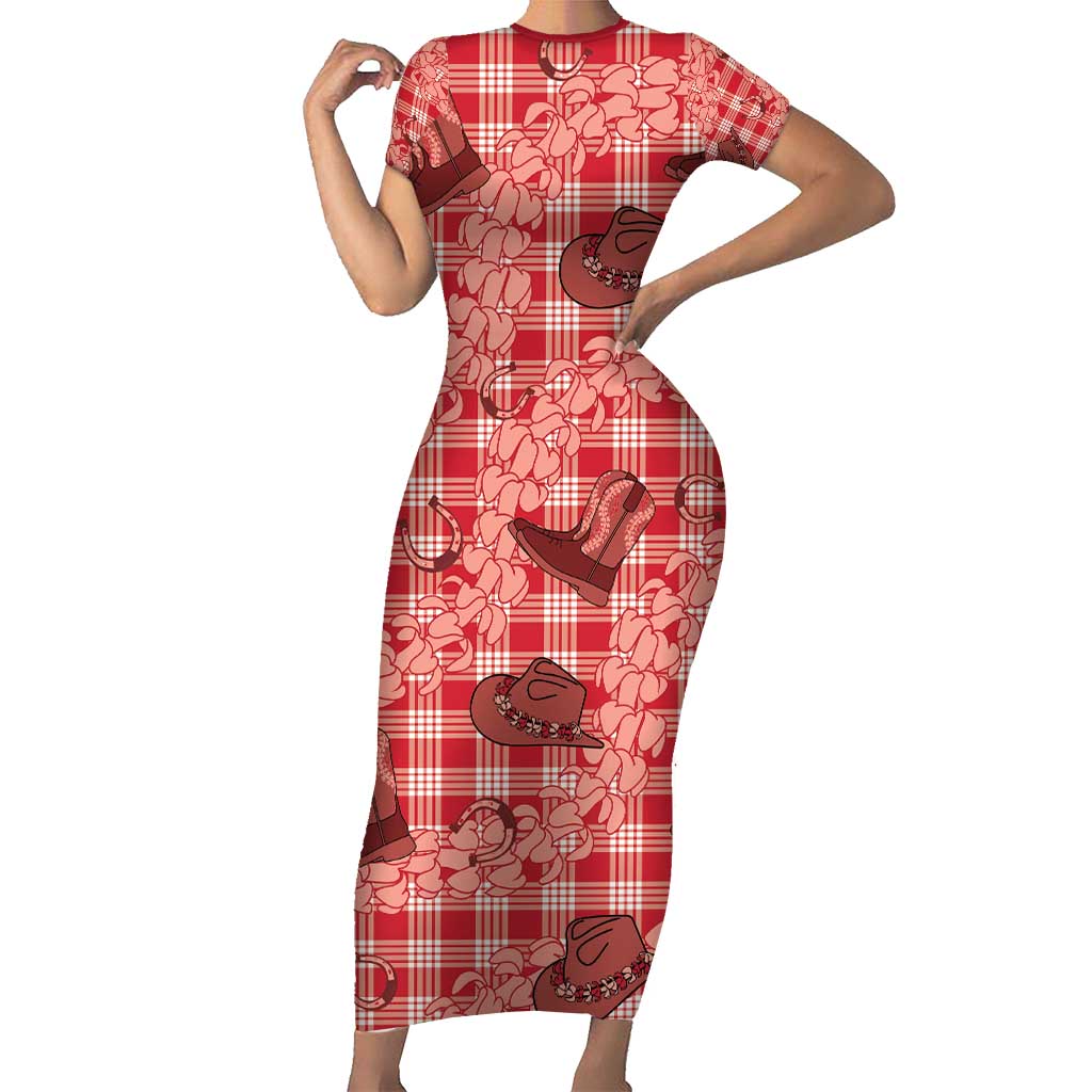 Red Palaka Hawaii Cowboy Short Sleeve Bodycon Dress Puakenikeni Lei Paniolo Papale Seamless Vibes - Polynesian Pride