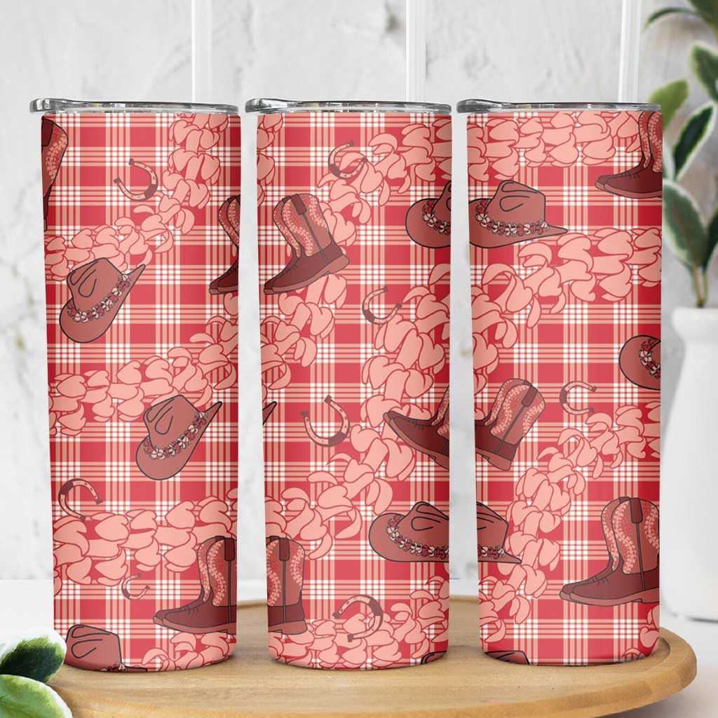 Red Palaka Hawaii Cowboy Skinny Tumbler Puakenikeni Lei Paniolo Papale Seamless Vibes - Polynesian Pride