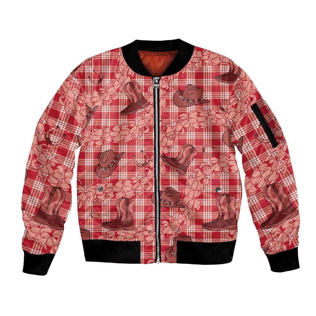 Red Palaka Hawaii Cowboy Sleeve Zip Bomber Jacket Puakenikeni Lei Paniolo Papale Seamless Vibes - Polynesian Pride