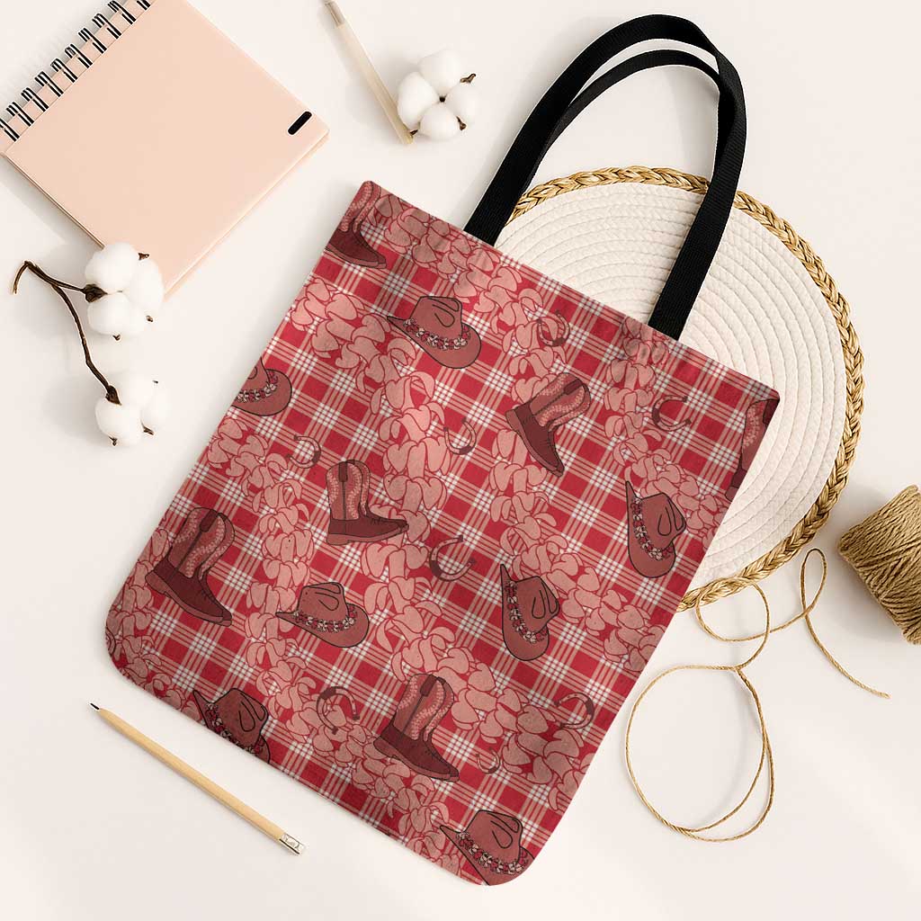 Red Palaka Hawaii Cowboy Tote Bag Puakenikeni Lei Paniolo Papale Seamless Vibes - Polynesian Pride