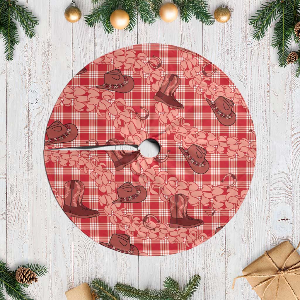 Red Palaka Hawaii Cowboy Tree Skirt Puakenikeni Lei Paniolo Papale Seamless Vibes - Polynesian Pride