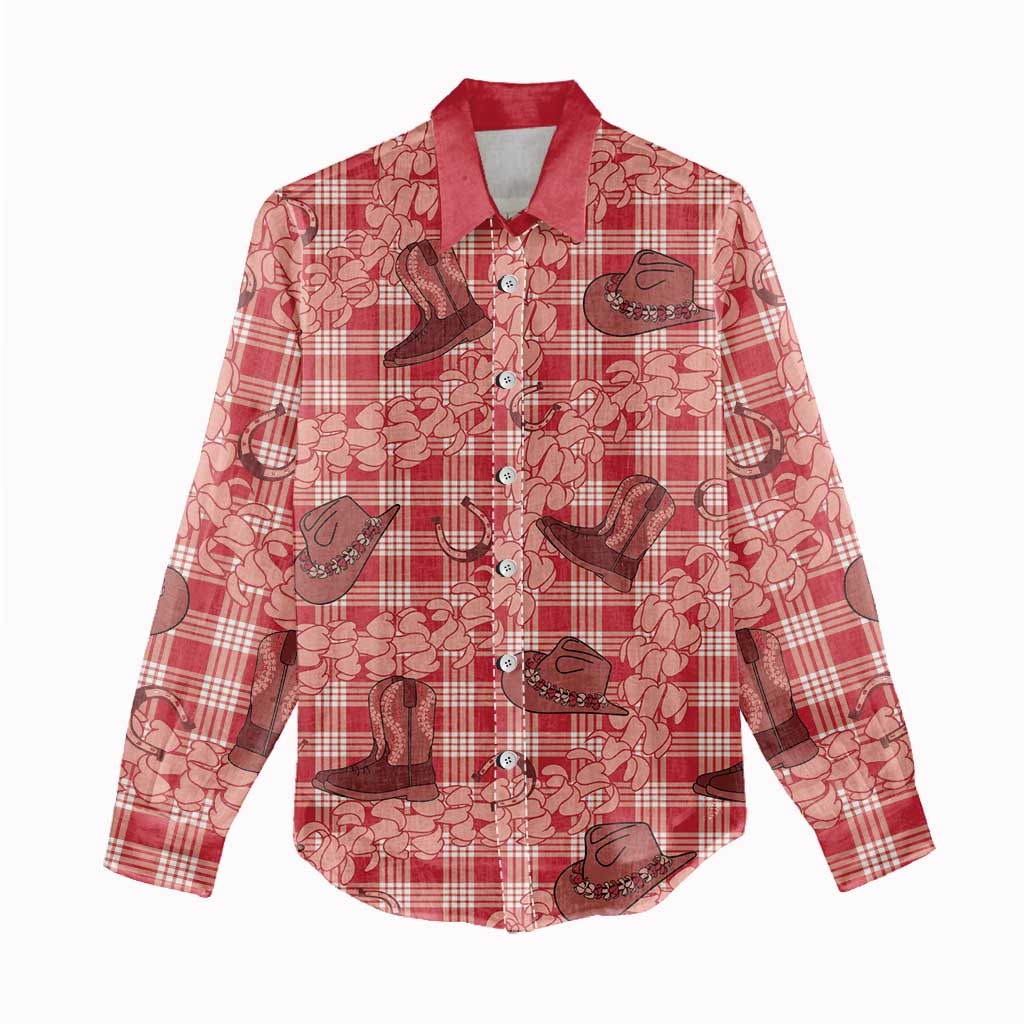 Red Palaka Hawaii Cowboy Women Casual Shirt Puakenikeni Lei Paniolo Papale Seamless Vibes - Polynesian Pride